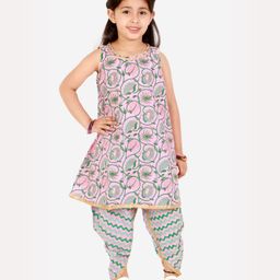Superminis Sleeveless All Over Jaipuri Floral Swirl Printed A Line Kurta With Chevron Designed Gota Lace Embellished Overlapped Dhoti - Pink-image-89