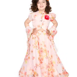 Saka Designs by Sapna Floral Print Lehenga & Half Sleeves Choli with Dupatta - Ivory and Pink-picture-38