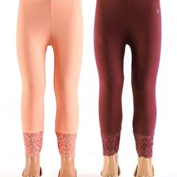 Honeyhap Premium Cotton Super Soft Stretchable Solid Ankle Length Leggings with Bio Finsh Pack of 2 - Dark Purple & Tropical Peach-image-18