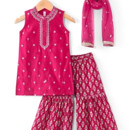 Babyhug Woven Sleeveless Floral Embroidered Kurti with Foil Printed Palazzo & Sequenced Dupatta -Fuschia-image-46