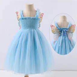Kookie Kids Sleeveless Smoked Frock with Frill & Butterfly Wings - Blue-picture-24