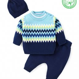 Babyhug Knitted Full Sleeves Pullover Sweater Set with Cap & Chevron Design - Navy Blue-picture-39