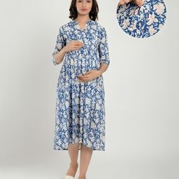 CRAFIQA Three Fourth Sleeves Floral Printed Maternity Dress With Concealed Zipper Nursing Access - Blue & White-image-89