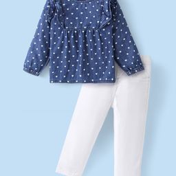 Babyhug Cotton Woven Full Sleeves Frill Detailed Hearts Printed Top & Denim Jeans Set - Blue & White-picture-12