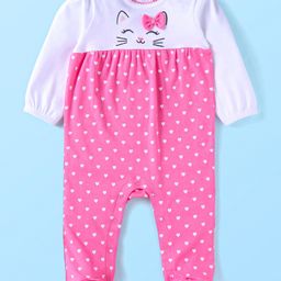 Babyhug Cotton Knit Full Sleeves Sleep Suit With Kitty & Heart Print & Bow Applique - Pink-image-98