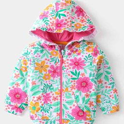 Babyhug Cotton Knit Full Sleeves Front Open Hooded Sweatjacket with Floral Print & Kangaroo Pockets - Pink-image-50