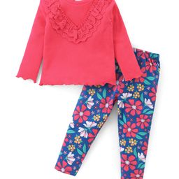 Babyhug Cotton Knit Full Sleeves Lace Detailed Top With Floral Printed Lounge Pants - Dark Pink & Blue-picture-9