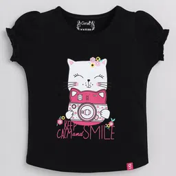 giniekids Cotton Half Puffed Sleeves Keep Calm & Smile Text Printed Top - Black-picture-2