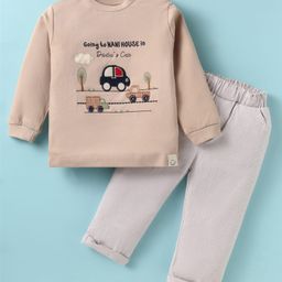Ollypop Interlock Knit Full Sleeves T-Shirt & Trousers Set with Vehicle Embroidery - Tan-picture-16
