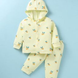 Tango Fleece Knit Full Sleeves Front Open Hooded Jhabla & Pant Set With Floral Print - Light Yellow-picture-11