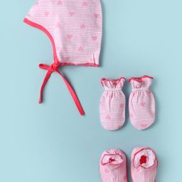 OHMS Interlock Knit Knotted Cap Mittens & Booties with Hearts Print Pink - Diameter 10 cm-24