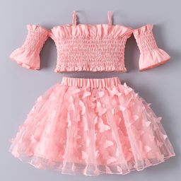 Mark & Mia Half Cold Shoulder Sleeves Smocked Top & Skirt Set with Butterfly Applique - Pink-image-27