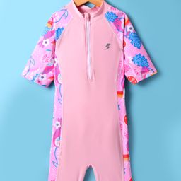 Bosky SwimwearHalf Raglan Sleeves Legged Swimsuit With Floral Print - Pink-16