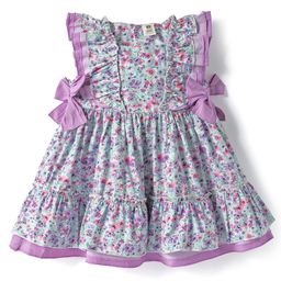 ToffyHouse Cotton Woven Sleeveless Frock With Floral Print & Ribbon Applique - Purple-image-93