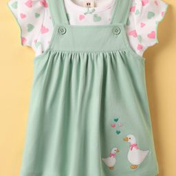 ToffyHouse Cotton Woven Frock & Half Sleeves Inner Tee With Heart Print & Duck Embroidery - Mint Green & White-picture-5