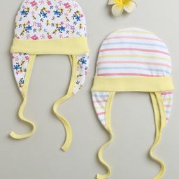 BUMZEE Cotton Pack Of 2 Striped & Floral Printed Tying Caps With Ear Flaps - Yellow & Multi Colour-image-21