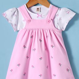 ToffyHouse Interlock knit Half Frill Sleeves Inner Tee & Frock with Floral Print & Embroidery - Pink & White-image-29