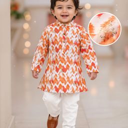 Babyhug Woven Full Sleeves Printed Kurta & Pajama Set WithSequin Embroidery - Orange & White-picture-39