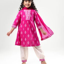EARTHY TOUCH Cambric Woven Three Fourth SleevesKurta Salwar Set & Dupatta with Floral Print & Lace Detailing - Dark Pink-picture-16