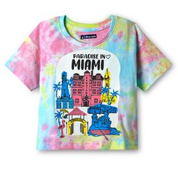 Pine Kids Cotton Knit Half Drop Shoulder Sleeves Tie & Dye T-Shirt with Beach Theme Print - Light Blue & Pink-image-12