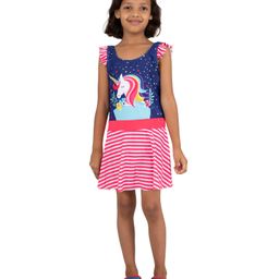 Yellow Bee Sleeveless Frill Detailed Enchanted Unicorn Printed One Piece Swimsuit - Navy Blue & Pink-image-97