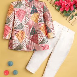 Jeet Ethnics Cotton Blend Full Sleeves Geometric Embroidered & Sequins Embellished Sherwani & Pant Set - Multi Colour-image-11
