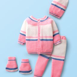 Babyhug Knit Full Raglan Sleeves Front Open Sweater Set With Cap & Mittens - Pink-image-34