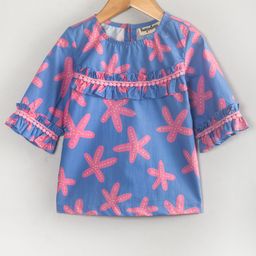 Hugsntugs Woven Cotton Three Fourth Sleeves Starfish Printed Lace Embellished Top - Blue-image-97