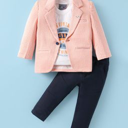 Dapper Dudes Full Sleeves Checked Blazer With Typography Printed Tee & Pant - Peach-image-53