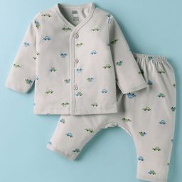 Pink Rabbit Single Jersey Knit Full Sleeves Co-ords Front Open Night Suit With Vehicle Print - Grey-image-90