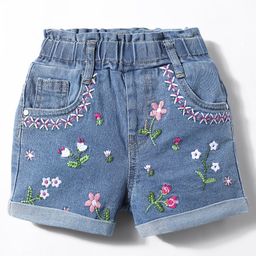 Babyhug Mid Thigh Shorts With Stretch & Floral Embroidery - Blue-image-15