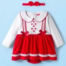 Babyhug 100% Cotton Interlock Knit Full Sleeves Frock Syle Onesies With Hairband - Red-picture-38