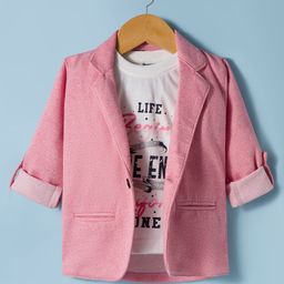 Dapper Dudes Full Sleeves Textured Blazer With Typography Printed Tee Set - Pink-picture-22
