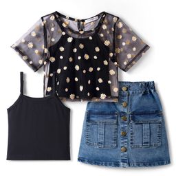 OLLINGTON ST. Cotton Knit Half Sleeves Floral Printed Top & Stretchable Skirt Denim -Black & Blue-picture-21