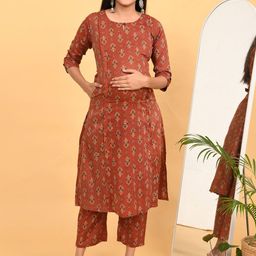 GOLDSTROMS Floral Printed A-Line Pure Cotton Maternity Kurta With Trousers-image-36