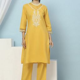 Nayam By Lakshita Women Floral Yoke Design Regular Thread Work Pure Cotton Kurta with Palazzos-image-9