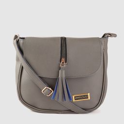 Leather Retail Grey Structured Sling Bag with Tassels-30