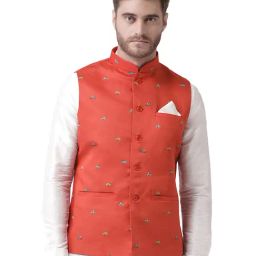 Deyann Red Printed Sleeveless Nehru Jacket-image-1