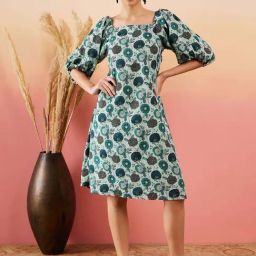Inweave Blue Cotton Floral Print A-Line Dress-image-19