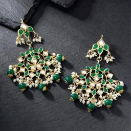Peora 18K Gold Plated Traditional Green Kundan Earrings-image-2