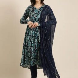 SHOWOFF Blue Embellished Kurta With Pants & Dupatta-image-41
