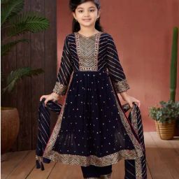 Aarika Girls Navy Embroidered Kurti, Pants with Dupatta-image-34