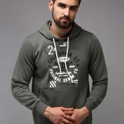 Showoff Olive Cotton Regular Fit Printed Hooded Sweatshirt-image-83