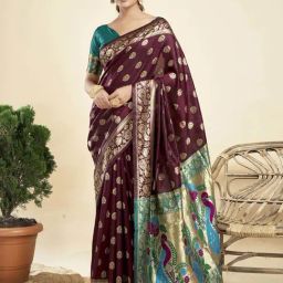 Satrani Maroon & Teal Green Woven Saree With Unstitched Blouse-image-14