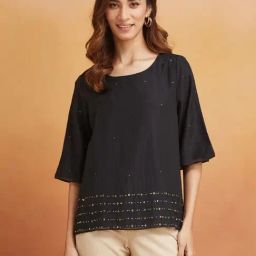 Fabindia Black Cotton Silk Regular Fit Embellished Top-picture-30