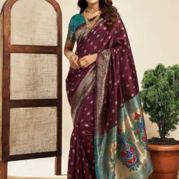Satrani Maroon & Teal Green Woven Saree With Unstitched Blouse-image-47