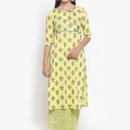 Indibelle Lime Yellow Cotton Floral Print Straight Kurta-picture-47