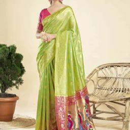 Satrani Lime Green & Pink Woven Saree With Unstitched Blouse-image-16