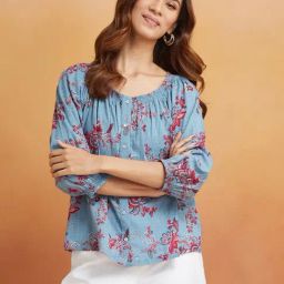 Fabindia Blue Cotton Regular Fit Floral Top-image-29