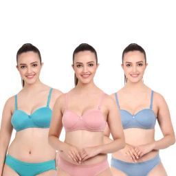 AROUSY Pink & Blue Cotton Bra Panty Set - Pack Of 3-image-56